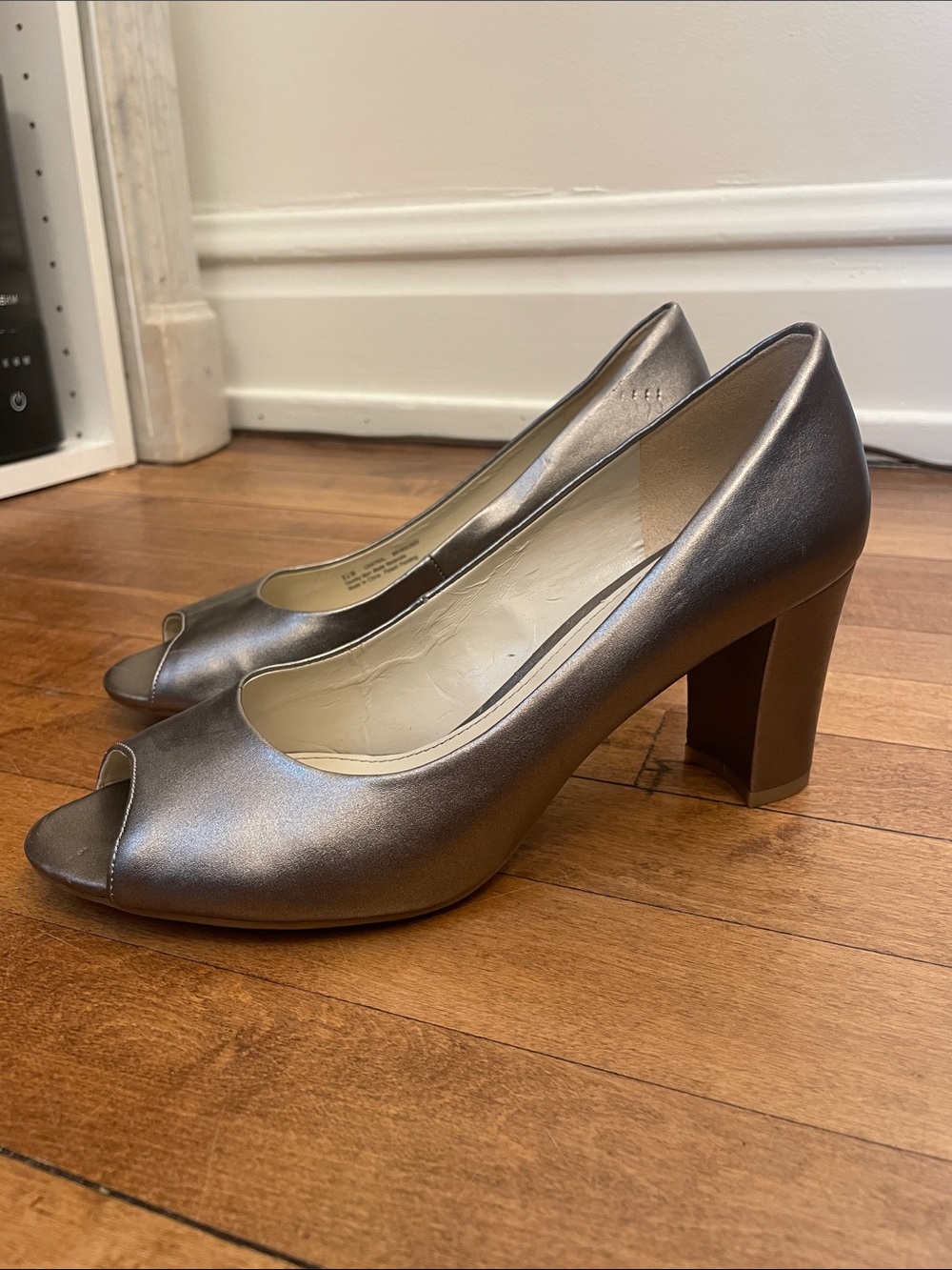 Naturalizer Metallic Pewter Peep-Toe Block Heel Pumps